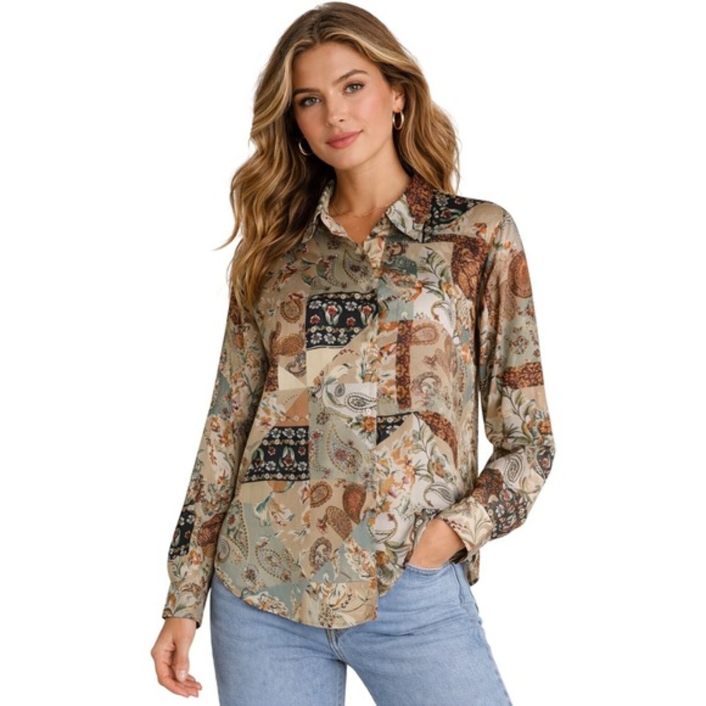 ZARA Patchwork Paisley Print Button Down Shirt Long Sleeve L Fairycore 54-10 - Picture 2 of 12